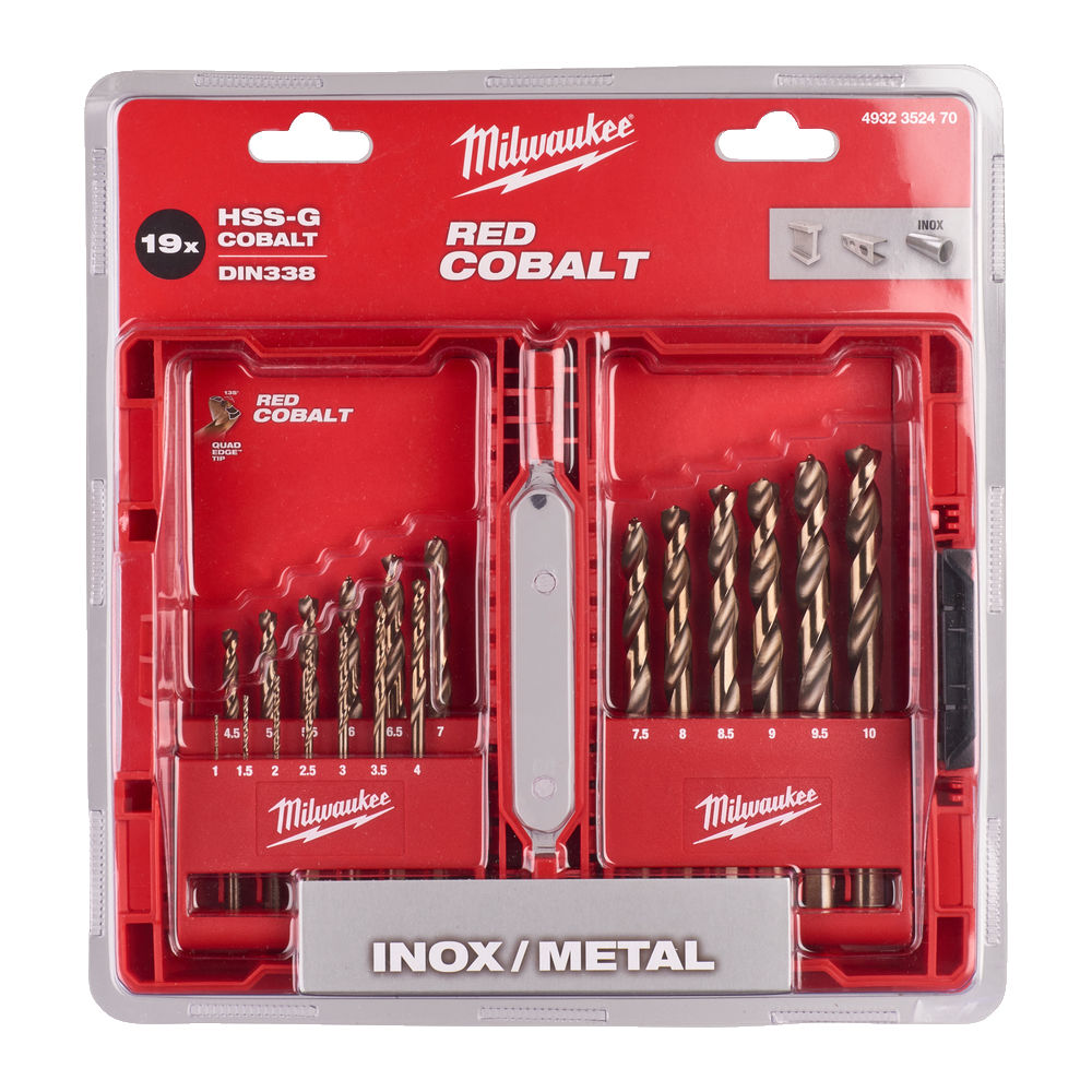 Estuche plástico de 19 brocas RED HELIX HSS-G Co, 1 / 1.5 / 2 / 2.5 / 3 / 3.5 / 4 / 4.5 / 5 / 5.5 / 6 / 6.5 / 7 / 7.5 / 8 / 8.5 / 9 / 9.5 / 10mm