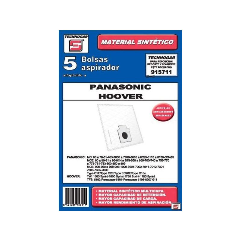 BOLSA ASPIRADOR PAPEL PANASONIC-HOOVER THOGAR 5 PZ 915711   