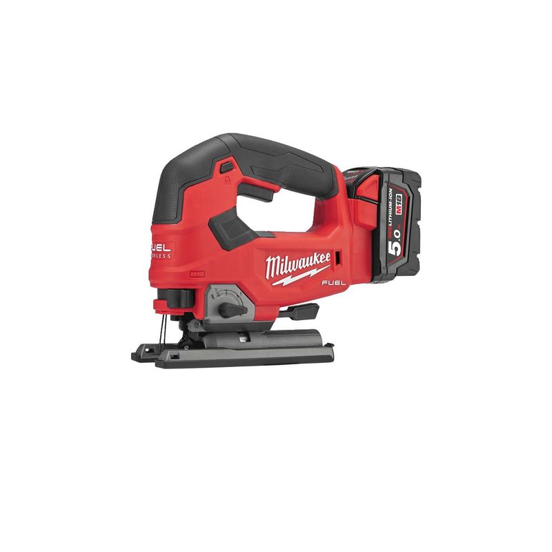 M18FJS-502X Sierra de calar con empuñadura cerrada M18 FUEL™, capacidad máxima en madera 135mm, carrera 25mm, 0-3500cpm. Se suministra con 2 baterías M18B5 y cargador rápido M12-18FC, en HD-box