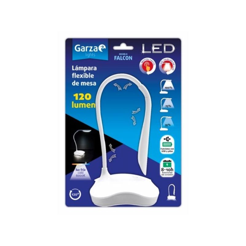 FLEXO SOBREM 120LM 6000K BL LED USB/PILAS FALCON GARZA
