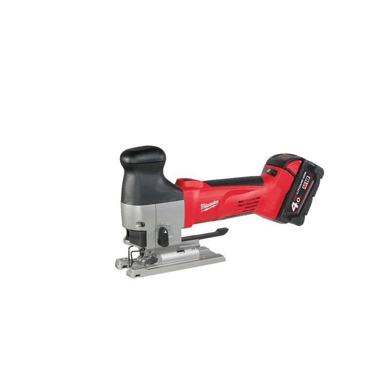 HD18JSB-402C Sierra de calar de puño abierto M18™, capacidad máxima en madera 120mm, carrera 26mm, 2050-2700cpm. Se suministra con 2 baterías M18B4 y cargador M12-18C, en kitbox