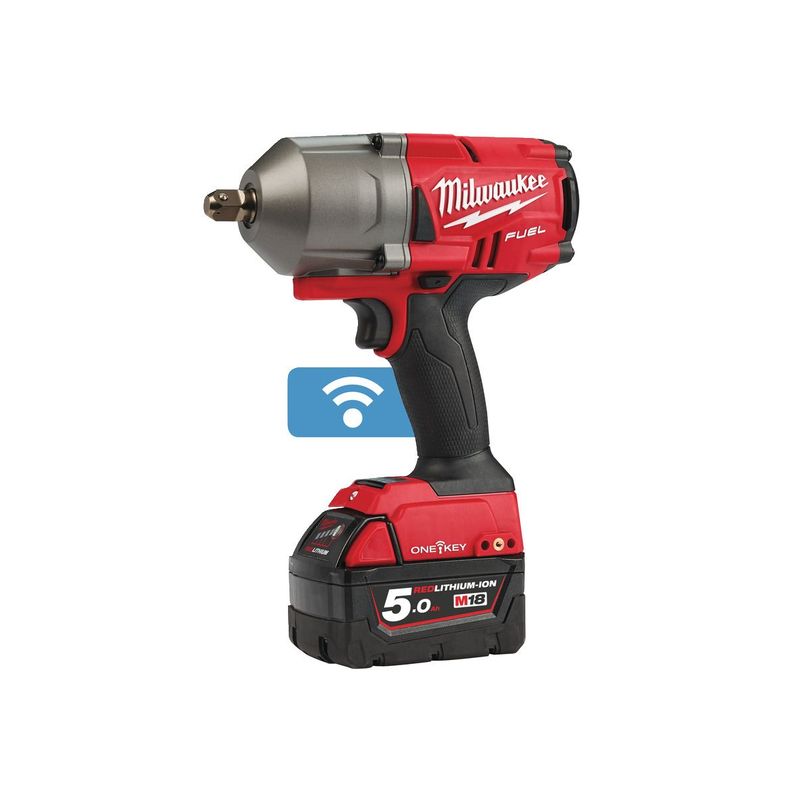 M18ONEFHIWP12-502X Llave de impacto de alto par M18 FUEL™ ONE-KEY™, recepción 1/2&quot; con pin de retención, 4 modos, máximo par de apriete 1071Nm, máximo par de desapriete 1491Nm. Se suministra con 2 baterías M18B5 y cargador rápido M12-18FC, en HD-box