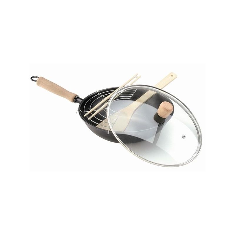 SARTEN WOK 28CM TAPA CRISTAL PINZAS MADERA AC OROLEY        